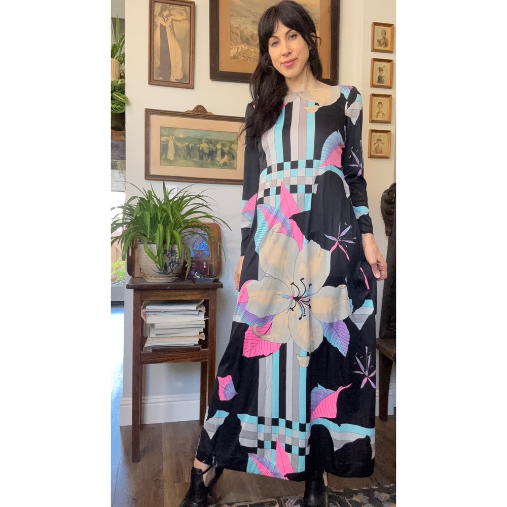 Vintage 70s Psychedelic Floral Cowl Back Maxi Dress Black Pink Blue Size 16